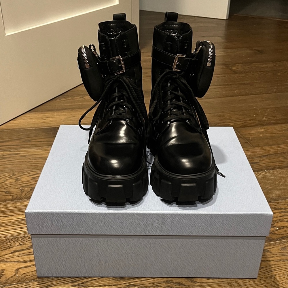Prada Monilith Black Leather Combat Boots